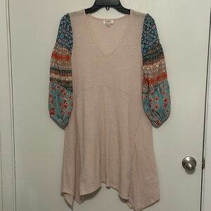 Free People Cream and Red Tunic with Bell Sleeves and Relaxed Fit